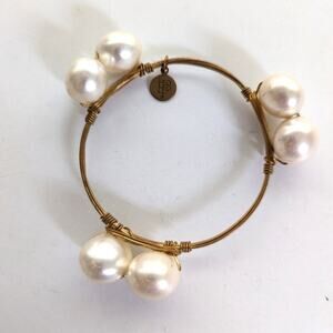 Bourbon and Bowties Boho Large Faux Pearl Gold Tone Wire Wrapped Bangle Bracelet